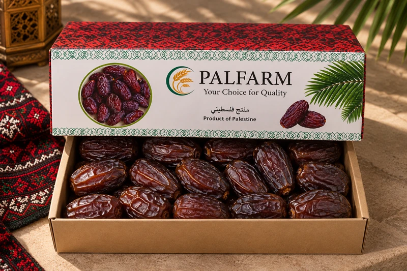 بوكس PALFARM مفتوح والغطاء فوق صينية التمر — الصورة المرفقة